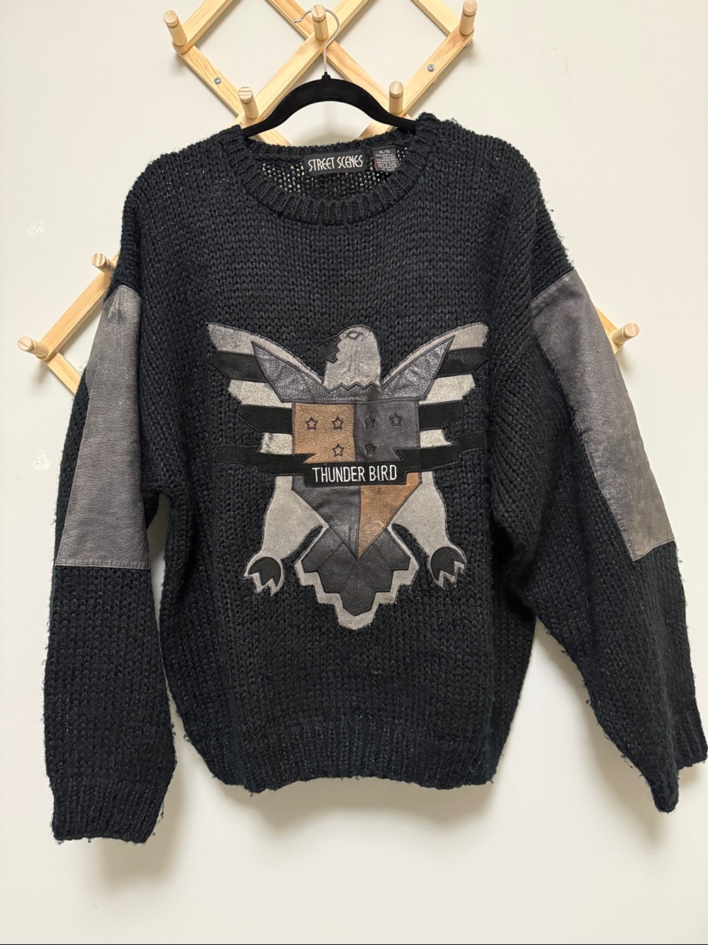 VINTAGE STREET SCENES THUNDERBIRD SWEATER | XL | BLACK KNIT | LEATHER ACCENTS |